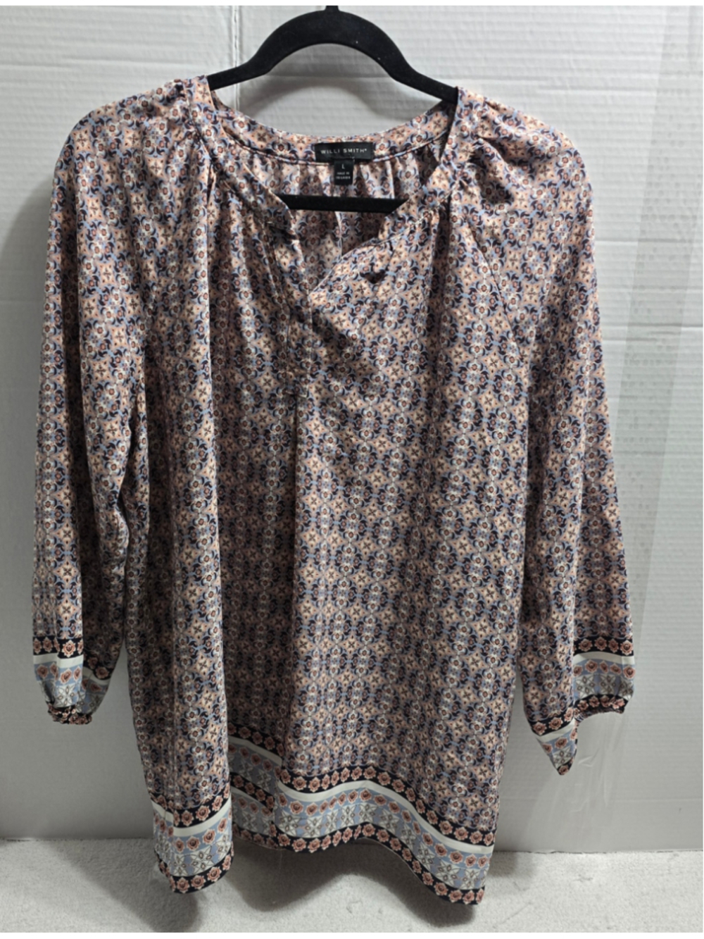 Women's Willi Smith Printed Blouse Size L Blue Peach Patterned Top